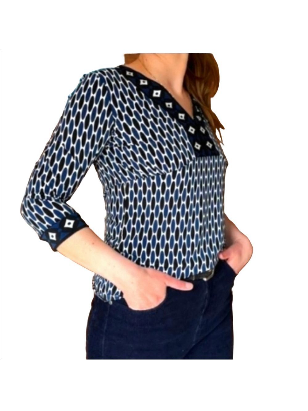 Michael Kors Geometric V-Neck Boho Blouse 3/4 Long Sleeves Lightweight Stretch